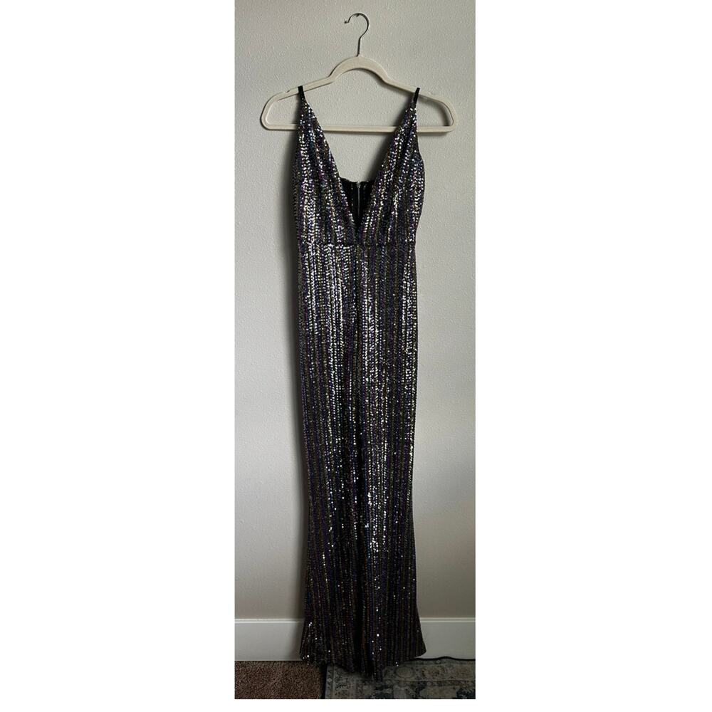 GOODTIME USA Women's Black Rainbow Sparkle Plunge V Bell Bottom Jumpsuit Size S